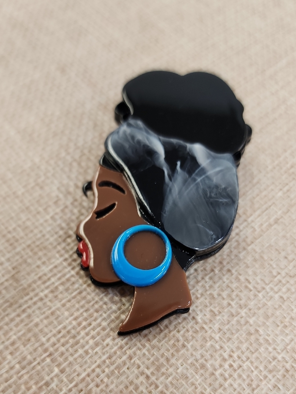 Black Woman Profile Enamel Brooch Blue Hoop Statement Pin OS
